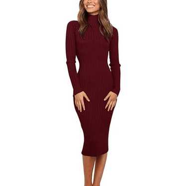 Long Wine Red Ribbed Slim Fit Knitted Midi Dress