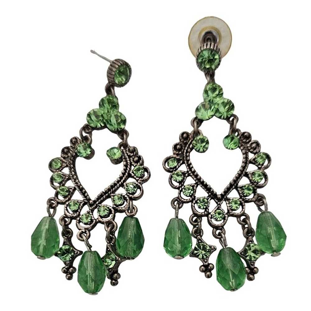 Vintage Silver-Tone Chandelier Earrings with Gree… - image 1