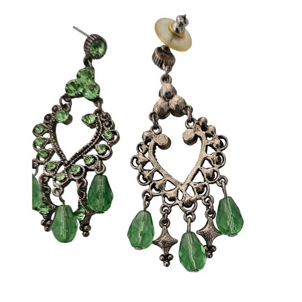 Vintage Silver-Tone Chandelier Earrings with Gree… - image 2