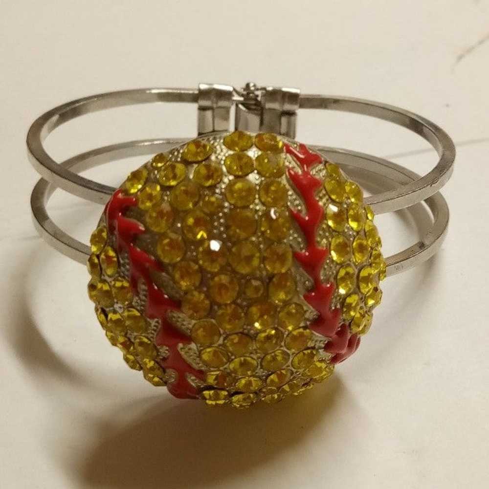 Baseball Bracelet, Rhinestones , Lacquer SilverTo… - image 1