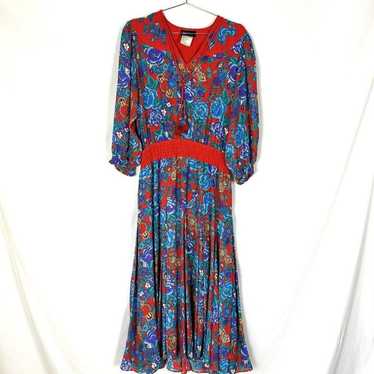 Vintage Diane Freis red multicolor hot floral embellish GEORGETTE dress one size