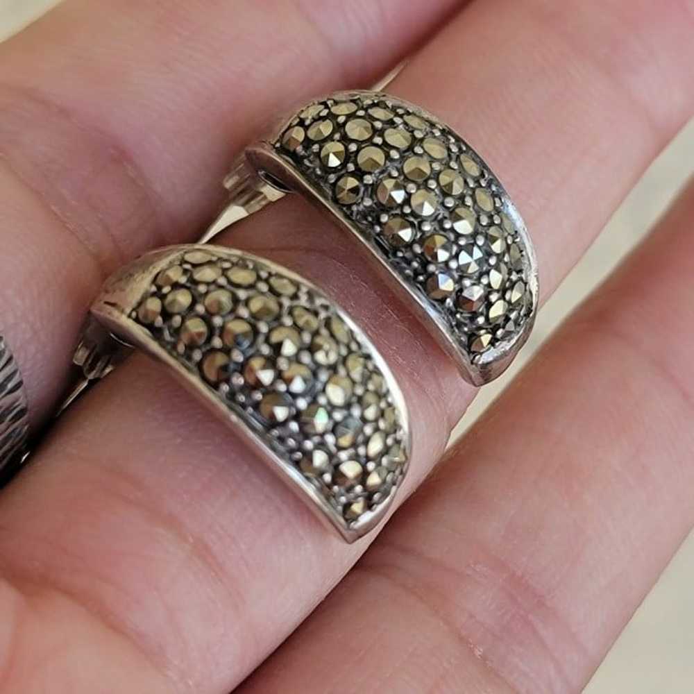 Vintage 925 sterling silver marcasite studded hoo… - image 10