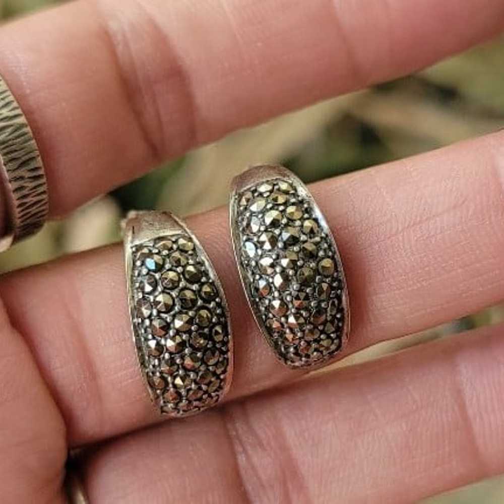 Vintage 925 sterling silver marcasite studded hoo… - image 12