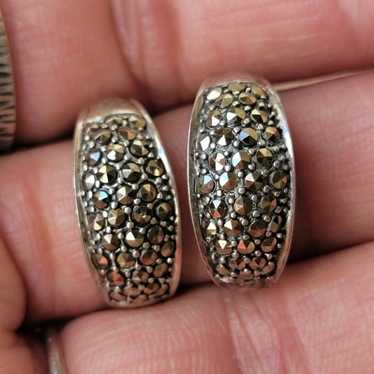 Vintage 925 sterling silver marcasite studded hoo… - image 1