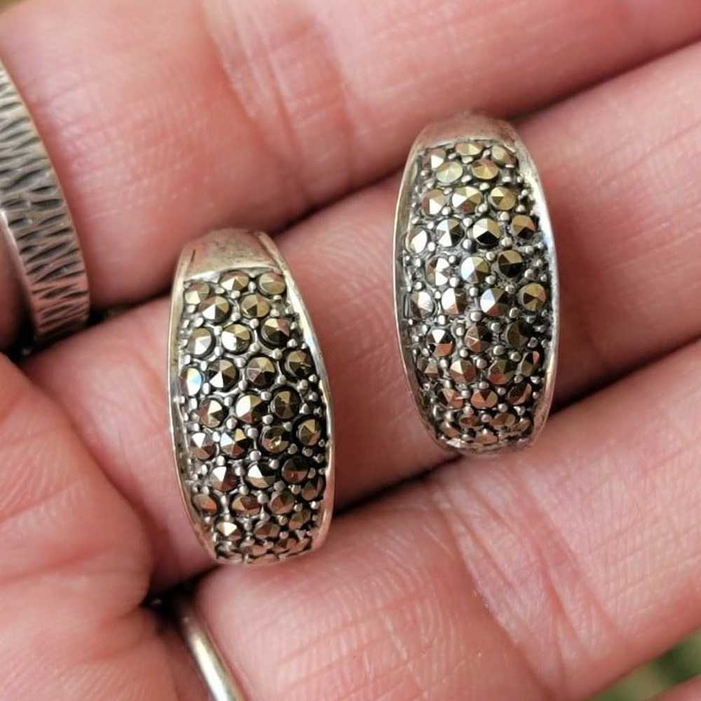 Vintage 925 sterling silver marcasite studded hoo… - image 2