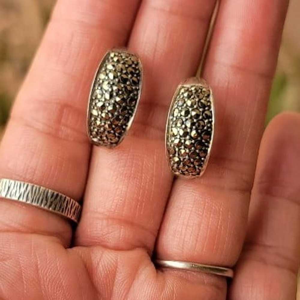 Vintage 925 sterling silver marcasite studded hoo… - image 3