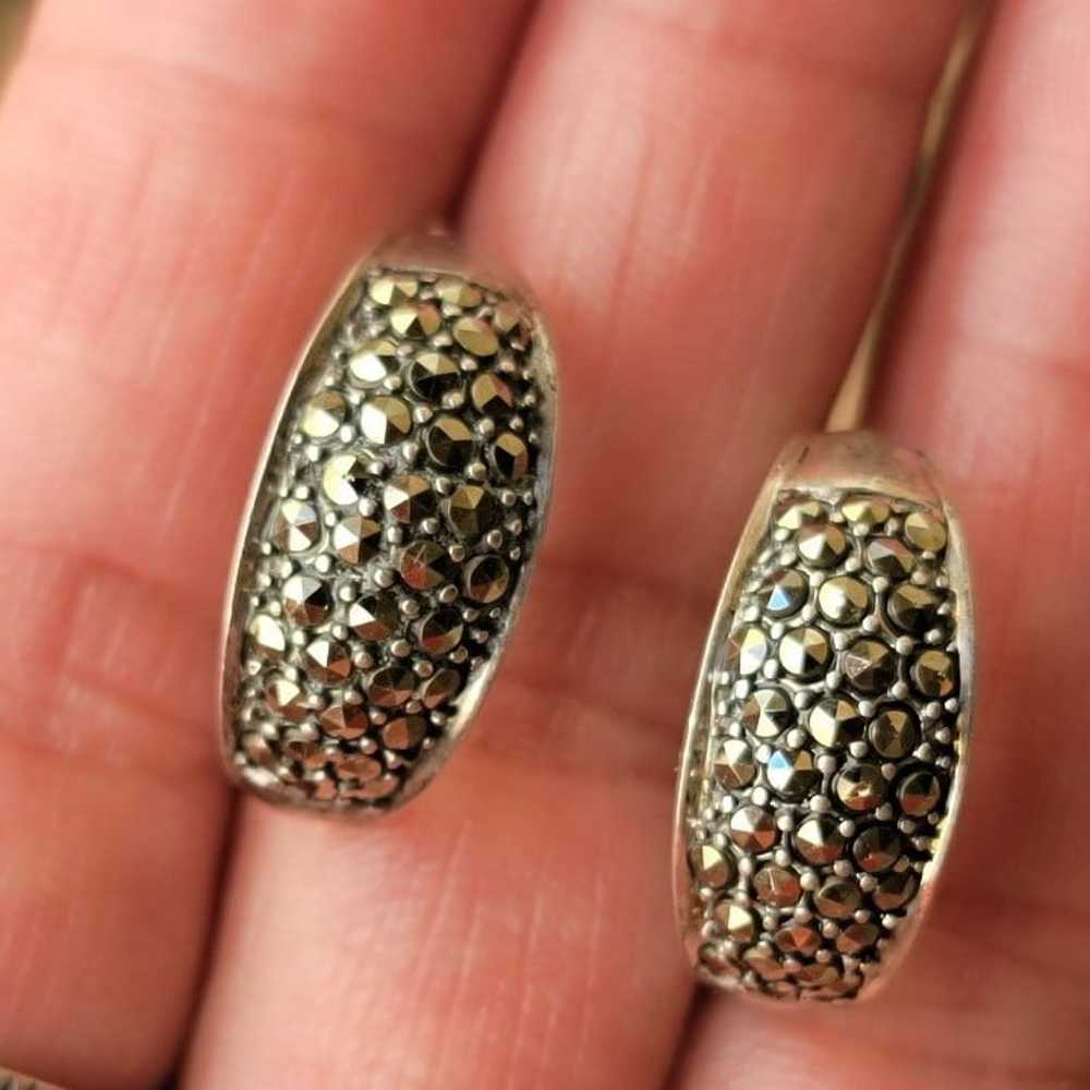 Vintage 925 sterling silver marcasite studded hoo… - image 5