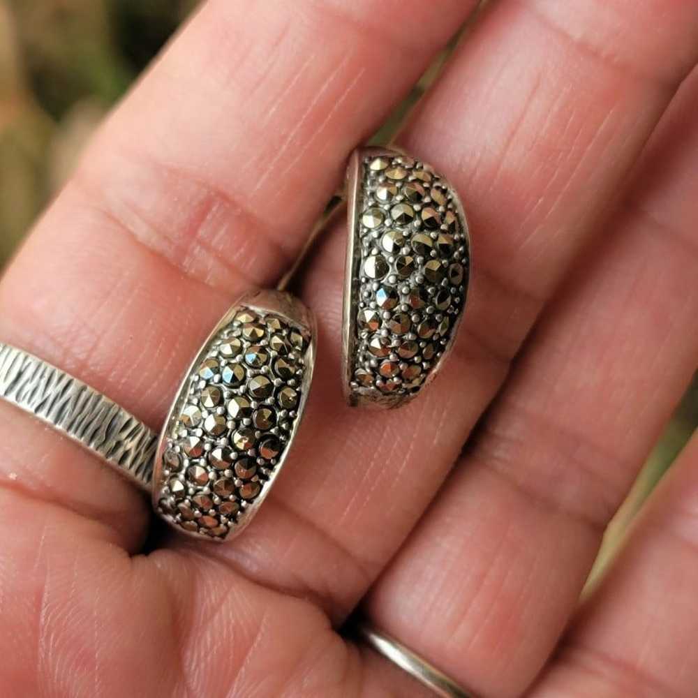 Vintage 925 sterling silver marcasite studded hoo… - image 8