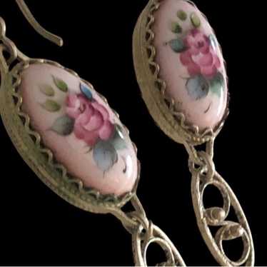 Vintage Russian Finift Floral Enamel Pierced Earri