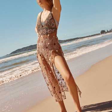 Free People After Sunset Sheer V Neck Beaded Slip… - image 1