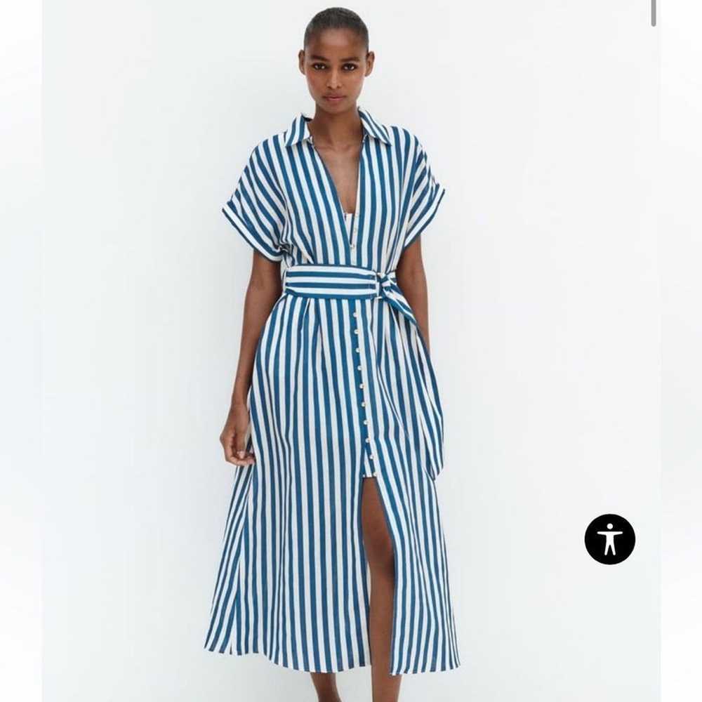 Zara Striped Linen Blend Belted Dress Large - image 1