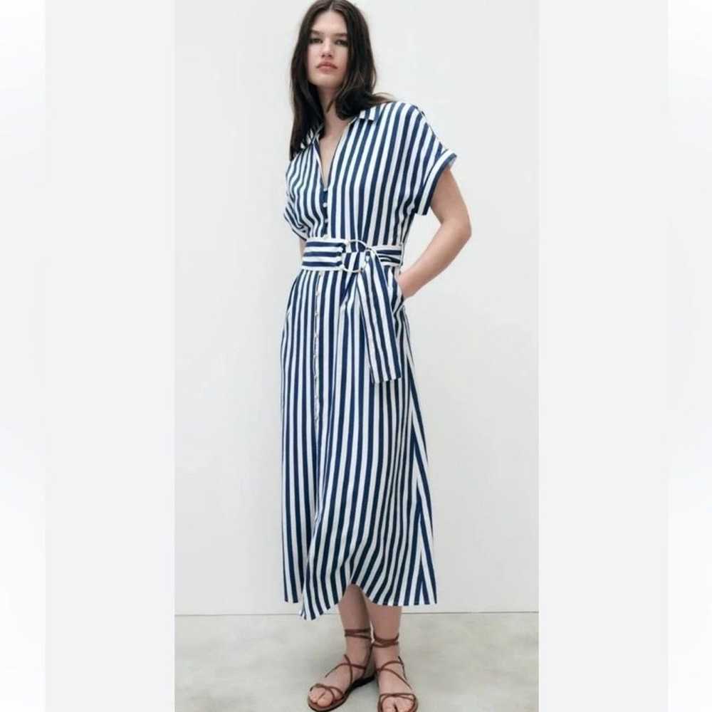 Zara Striped Linen Blend Belted Dress Large - image 2