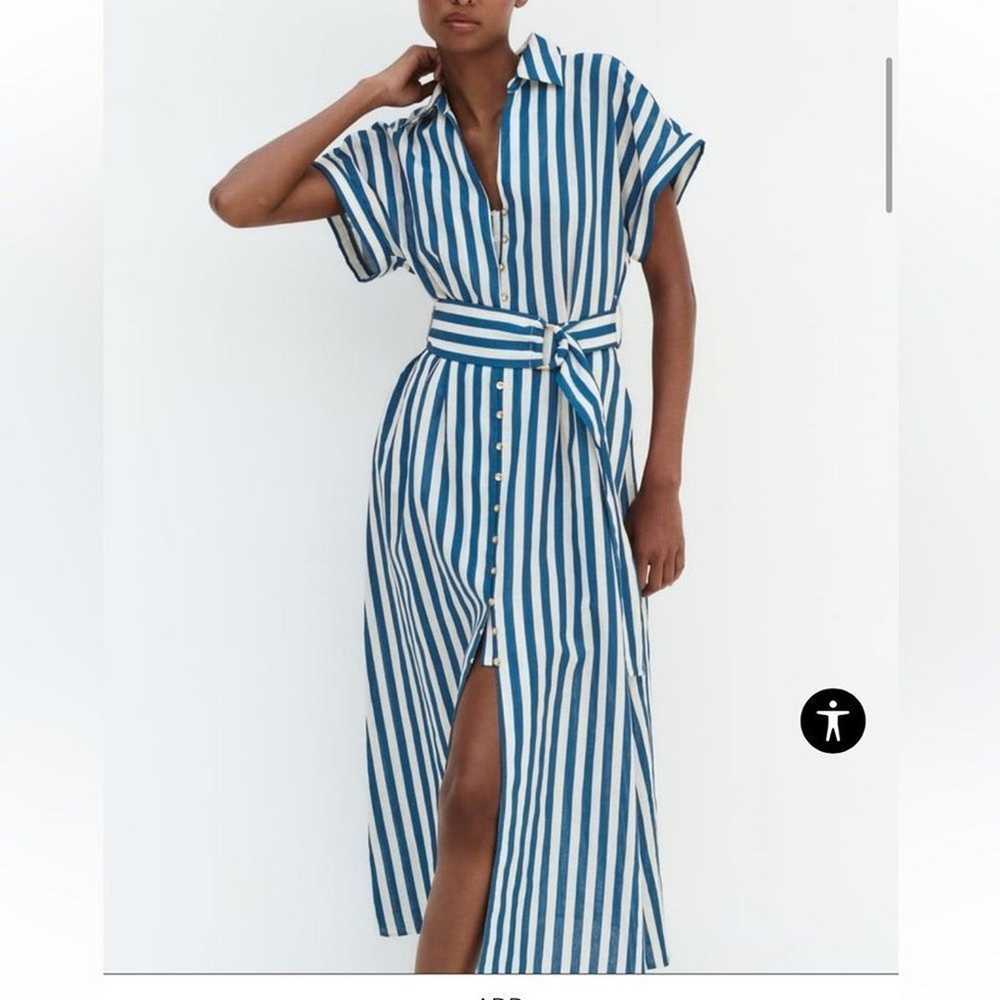 Zara Striped Linen Blend Belted Dress Large - image 3