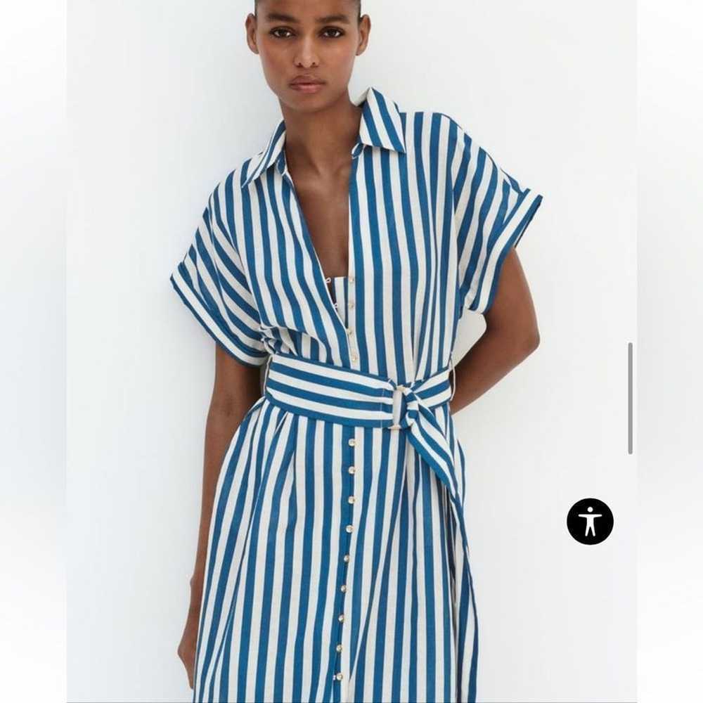 Zara Striped Linen Blend Belted Dress Large - image 6