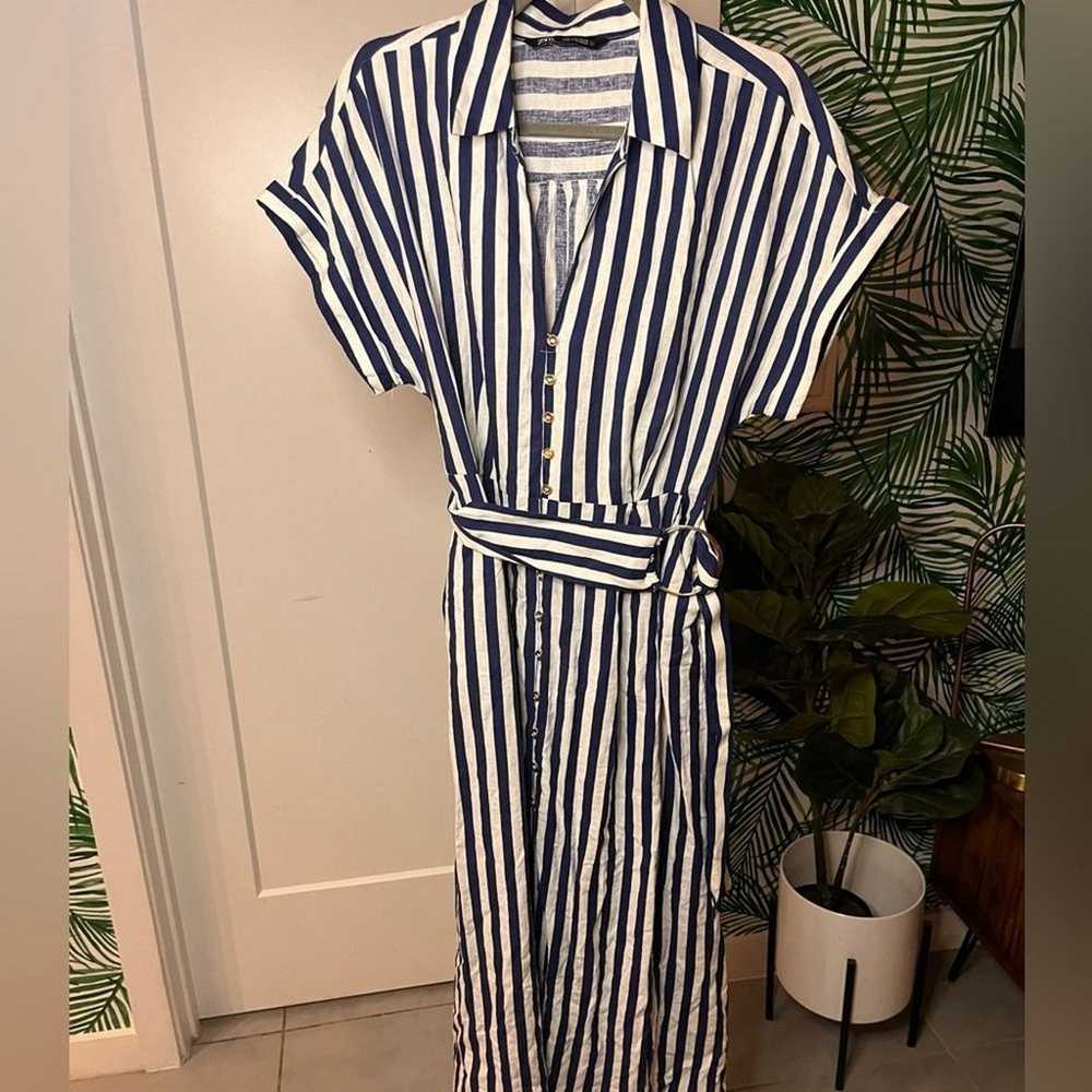 Zara Striped Linen Blend Belted Dress Large - image 7