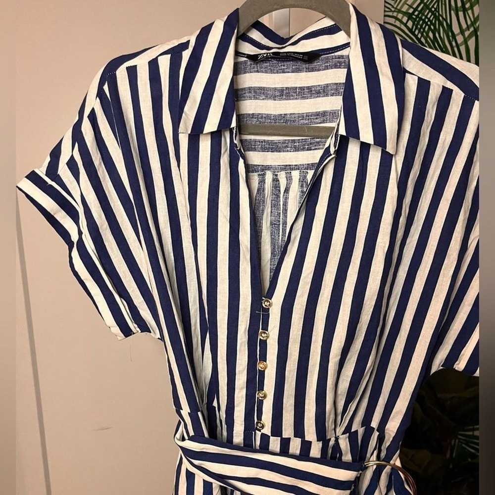 Zara Striped Linen Blend Belted Dress Large - image 8