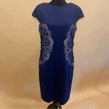 Tadashi Shoji Navy Blue Nude Lace Sheath Dress Siz