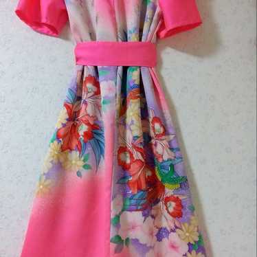 Pink floral short-sleeve long dress - image 1