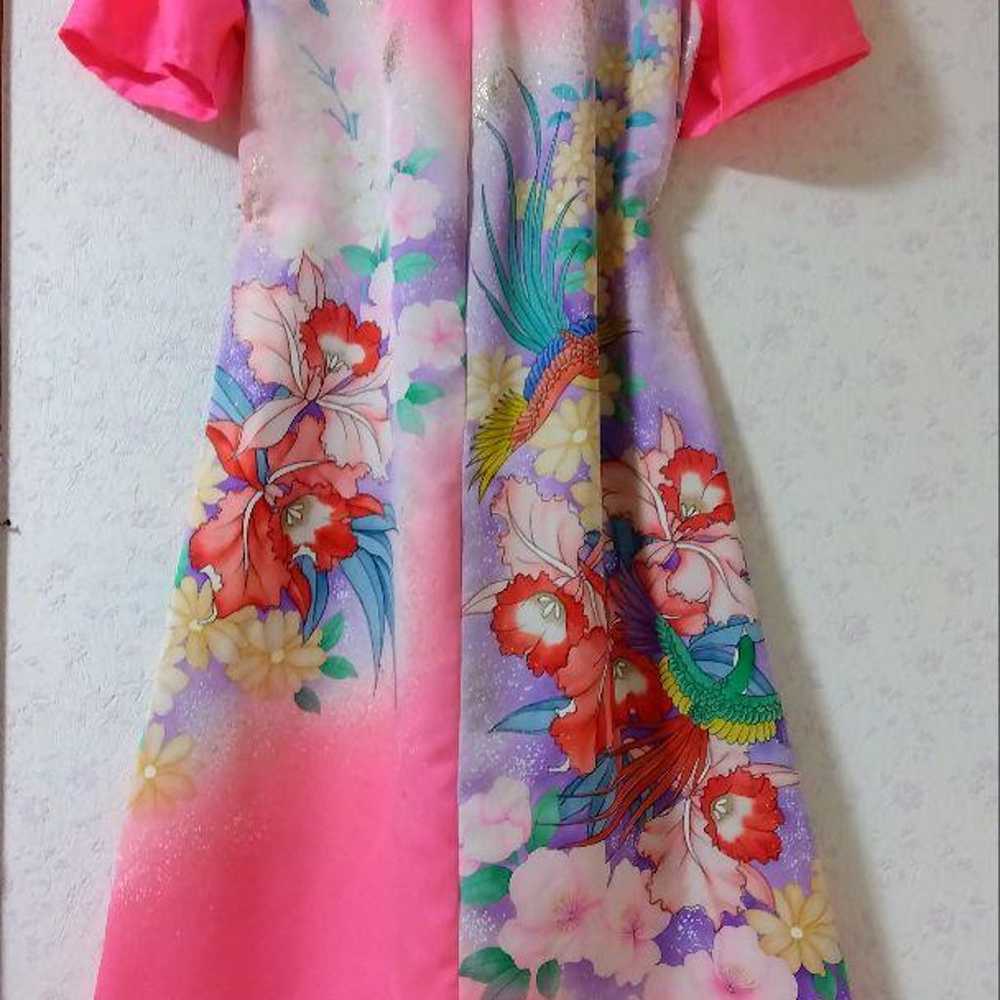 Pink floral short-sleeve long dress - image 2