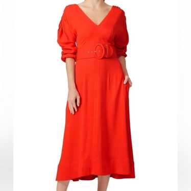 Nicholas Red Orange V-Neck Maxi Dress with Ruched 