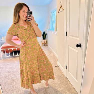 ModCloth Green Pink Floral Maxi Dress Large - image 1