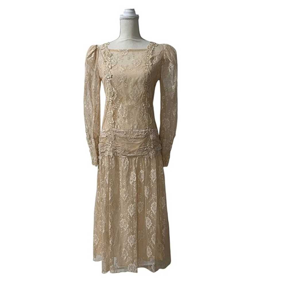 80s Cachet by Bari Protas Champagne Lace Midi Dre… - image 2