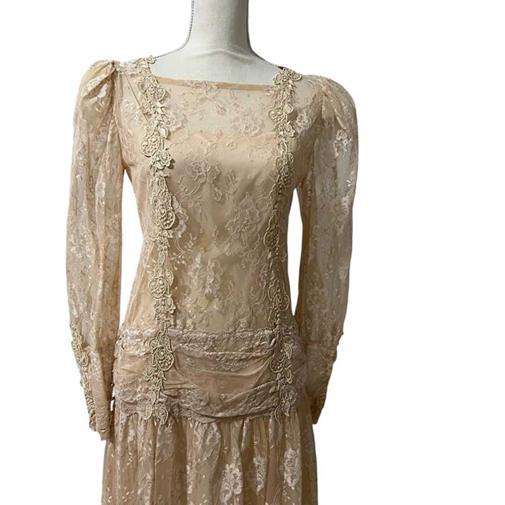 80s Cachet by Bari Protas Champagne Lace Midi Dre… - image 3