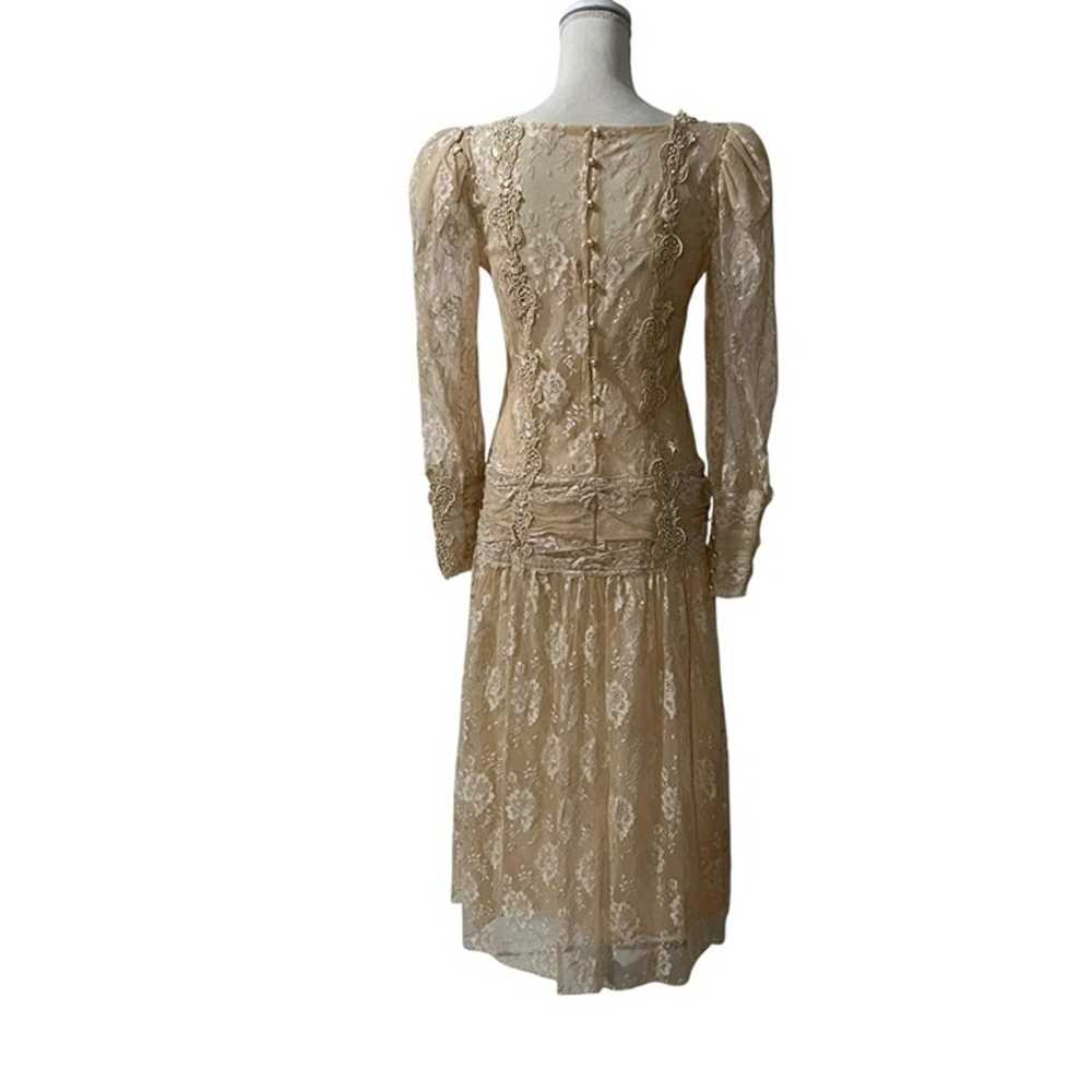 80s Cachet by Bari Protas Champagne Lace Midi Dre… - image 5