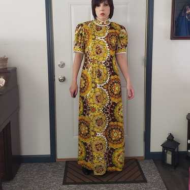 60s/70s Groovy Yellow and Brown Maxi Dress