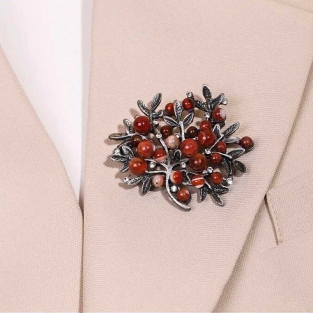 Red berry brooch Agate Menow Rhinestone Antique s… - image 5