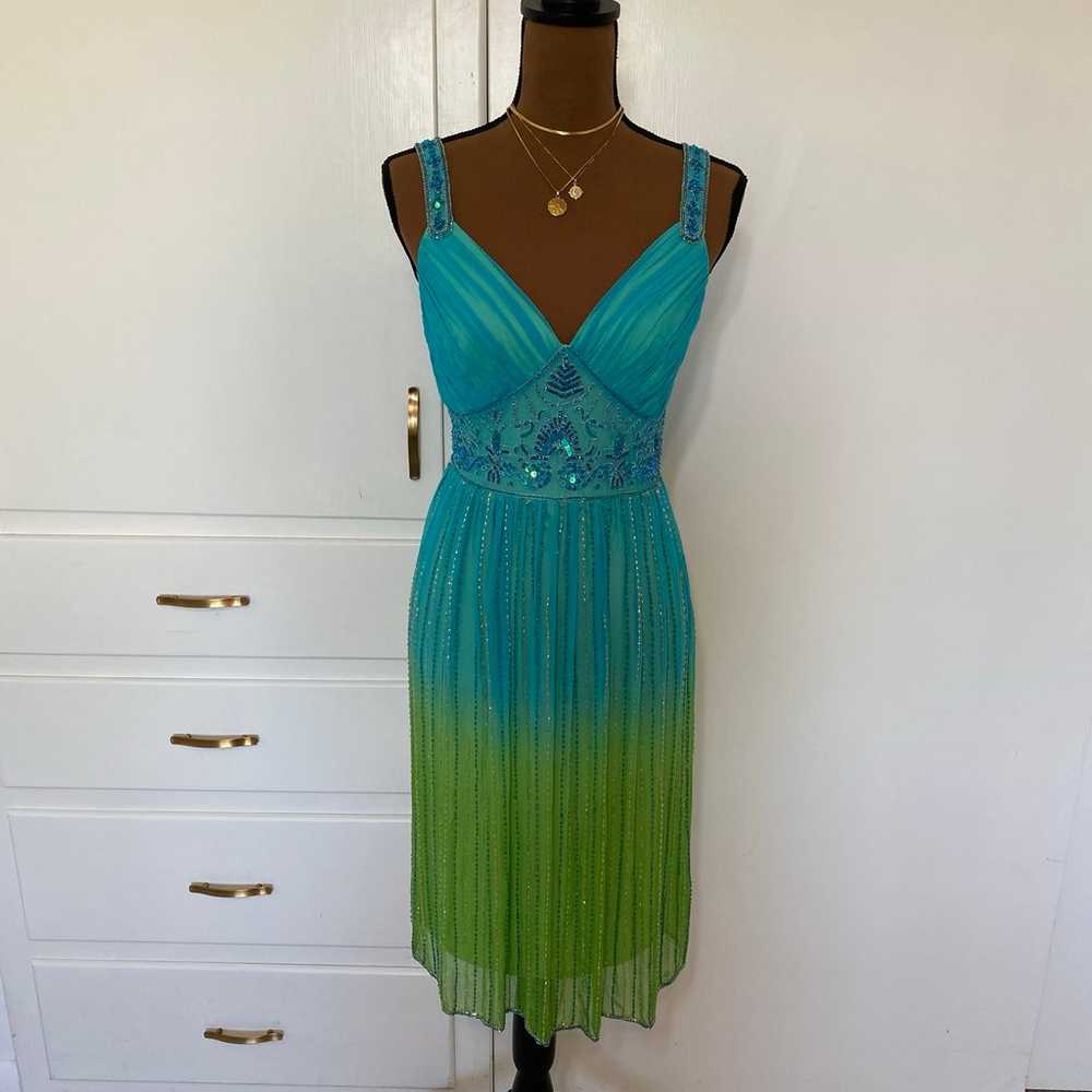 RARE turquoise blue green ombré silk beaded dress… - image 1