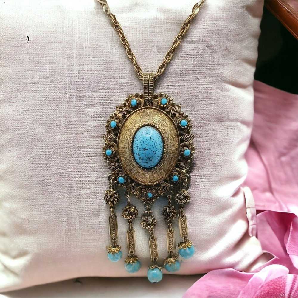 Vintage Goldtone Faux Turquoise Necklace - image 2