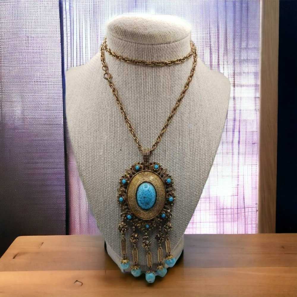 Vintage Goldtone Faux Turquoise Necklace - image 5