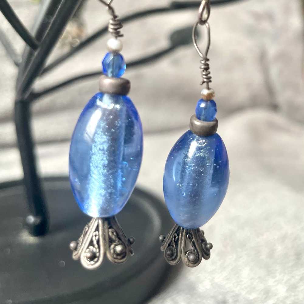 Vintage Handcrafted Blue Glass Bead Silver Earrin… - image 1