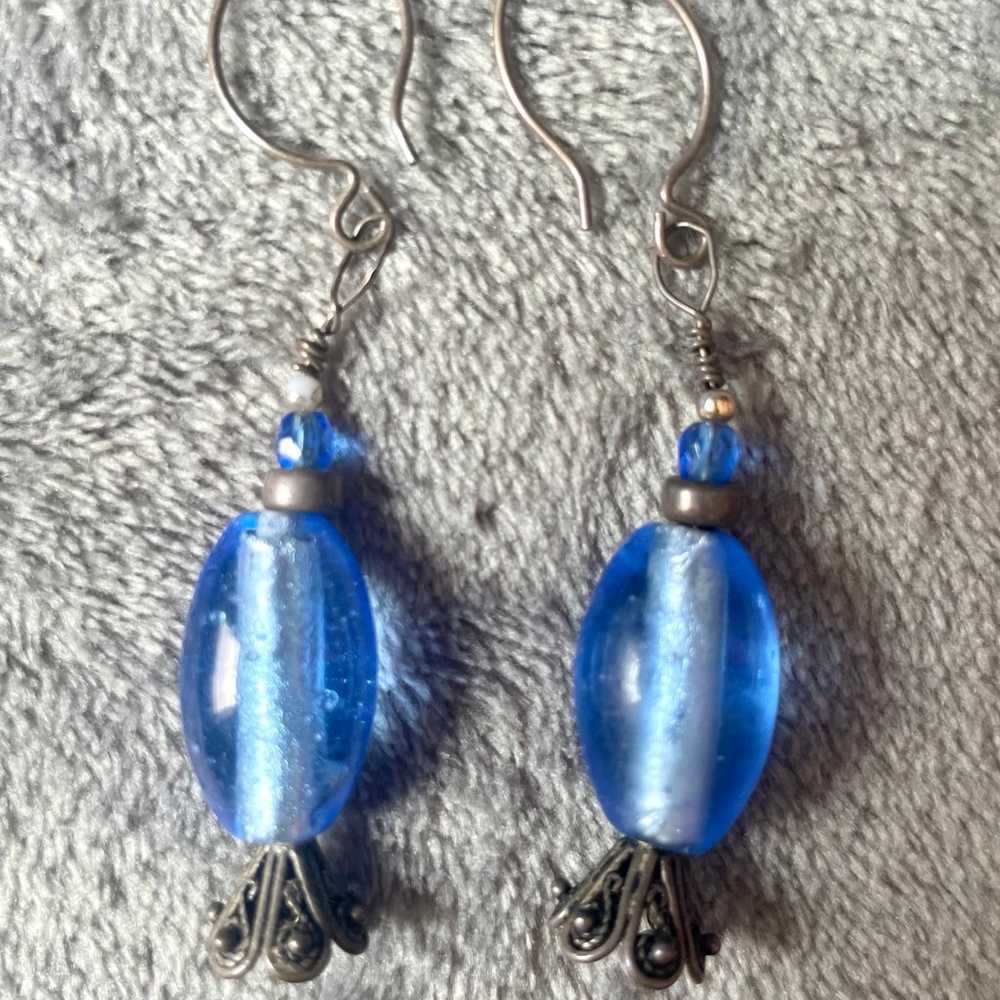 Vintage Handcrafted Blue Glass Bead Silver Earrin… - image 2