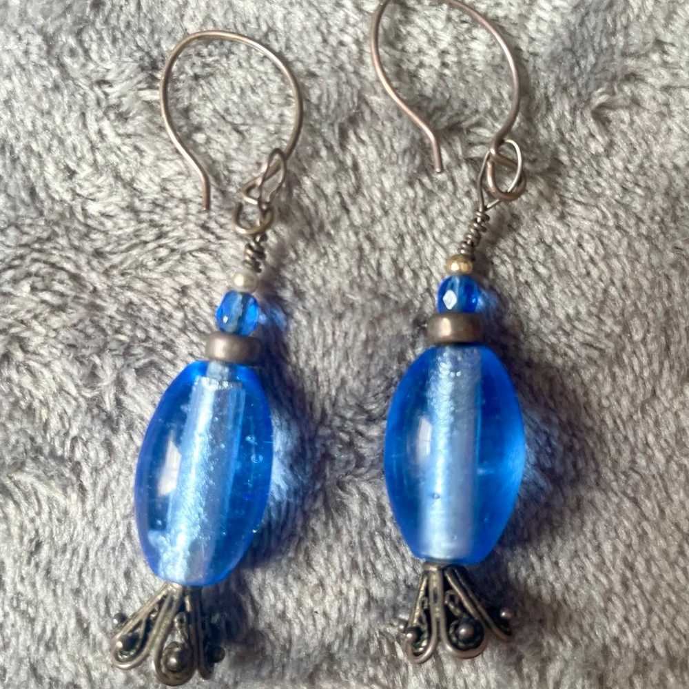 Vintage Handcrafted Blue Glass Bead Silver Earrin… - image 3