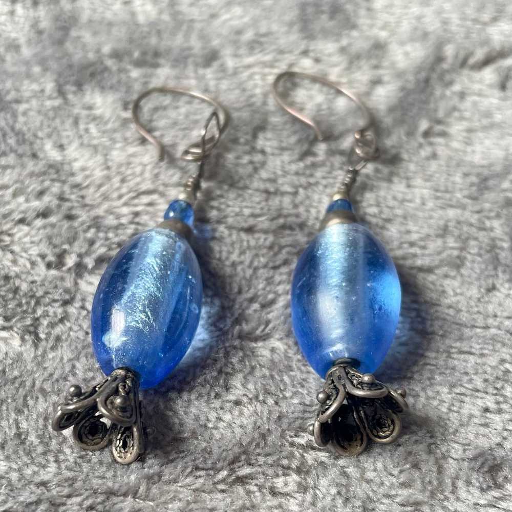 Vintage Handcrafted Blue Glass Bead Silver Earrin… - image 4