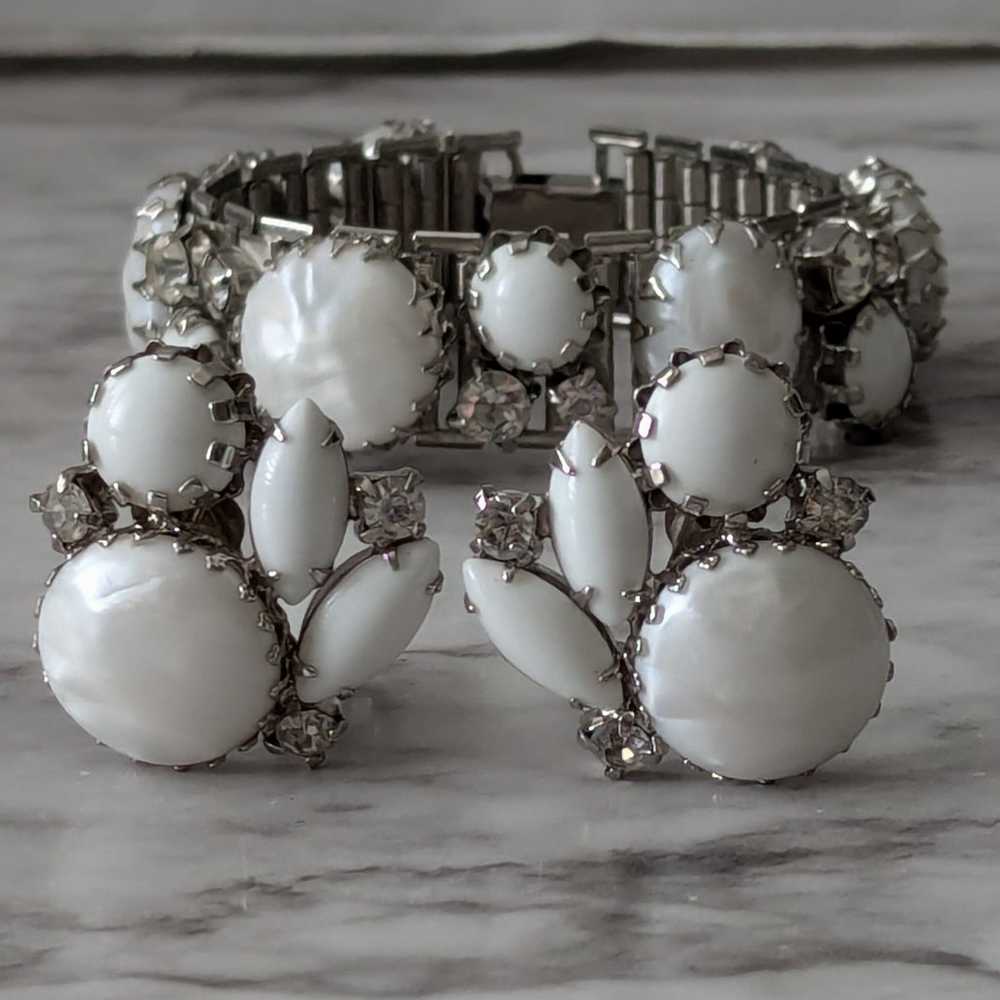 Vintage Bracelet and Earrings Set White Stones an… - image 3