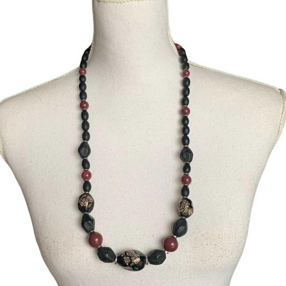 Vintage Cloisonne Necklace Beaded Black & Rose Fl… - image 1