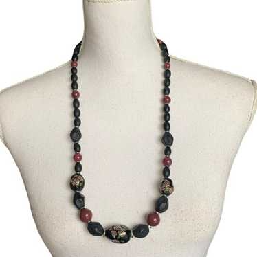 Vintage Cloisonne Necklace Beaded Black & Rose Fl… - image 1