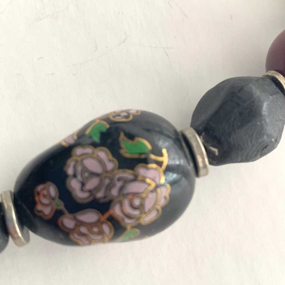 Vintage Cloisonne Necklace Beaded Black & Rose Fl… - image 2