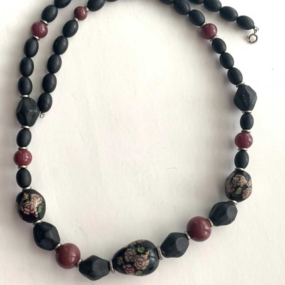 Vintage Cloisonne Necklace Beaded Black & Rose Fl… - image 3