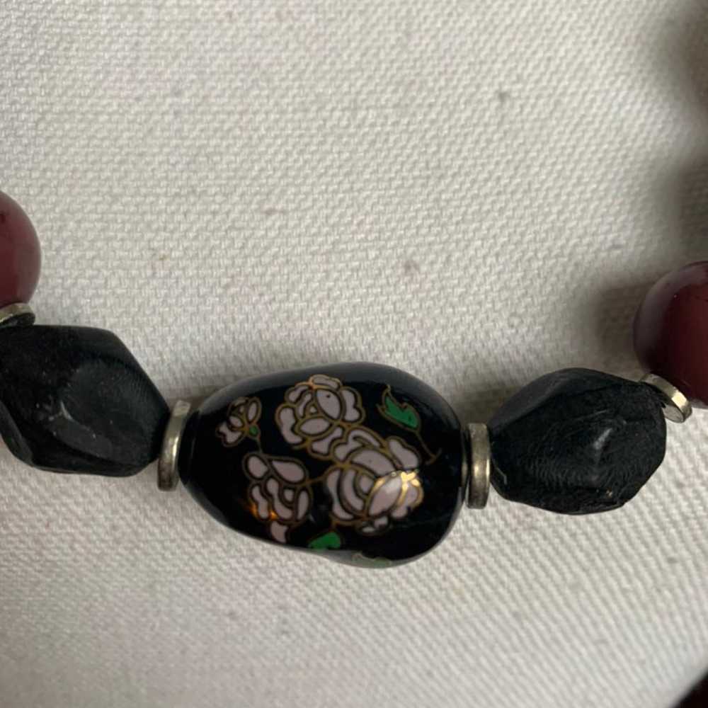 Vintage Cloisonne Necklace Beaded Black & Rose Fl… - image 4