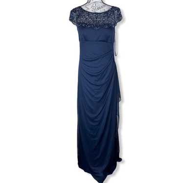 Xscape Beaded Cap Sleeve Illusion Neck Ruched Gown