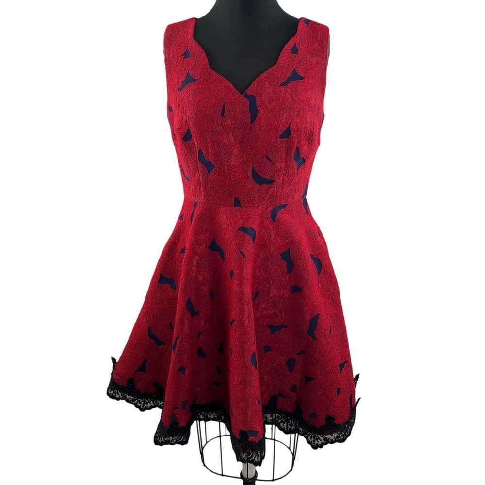 ALBERTO MAKALI Jacquard Fit & Flare Dress Red Blu… - image 1