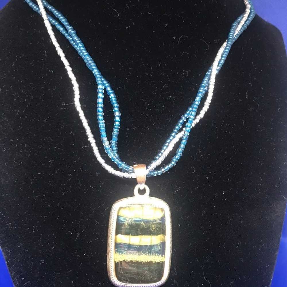 Vintage Glass Pendant Multi Strand Blue And Silve… - image 2