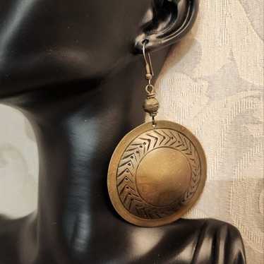 Vintage 70's Bronze Disc Drop Metal Earrings