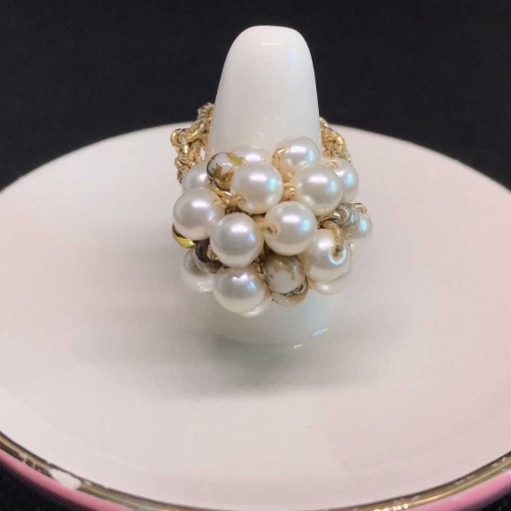 Vintage Faux Seed Pearl Cluster Ring On Metallic … - image 5