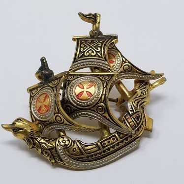 Vintage Oxidized store Spanish Metal Pirate Ship Brooch