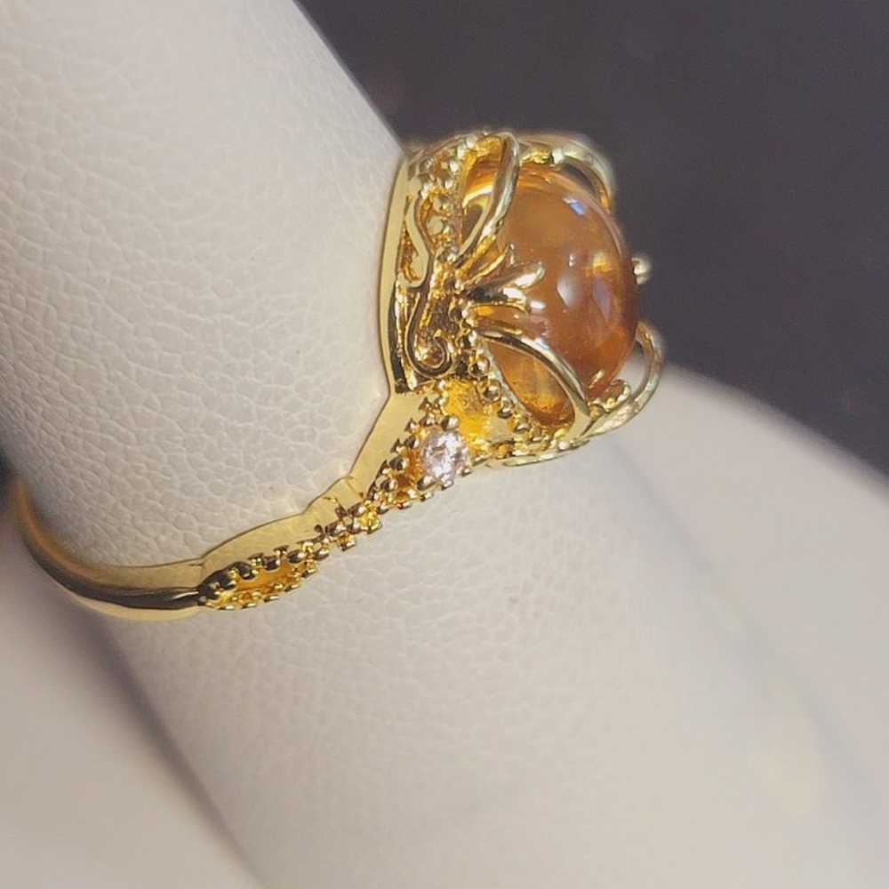 R487  Golden Vintage Flowers Moonstone Ring. Size… - image 2